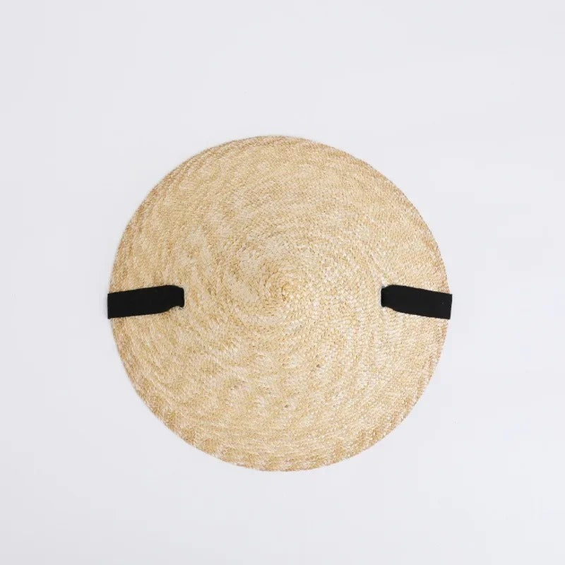 Womens Retro Pastoral Straw Hat French Top Natural Wheat Straw Sun Hats Seaside Vacation Lace-up Big Brim Beach Hat