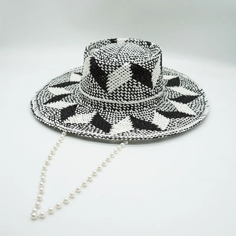 Black White Pattern Toquilla Straw Hats Panama Hats Pearls Chain Sun Hats for Women Men Handmade Fedora Beach Travel Hat