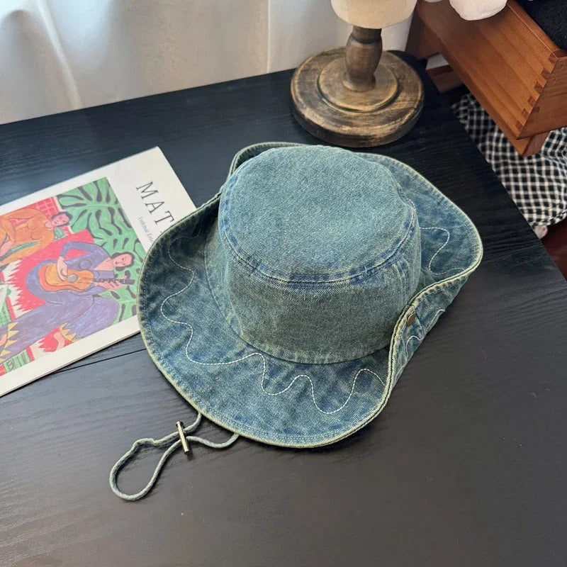 Cowboy Hiking Bucket Hat with String Men Denim Beach Sun Hat for Women Outdoor Couple Bob Panama Summer Fisherman Hat
