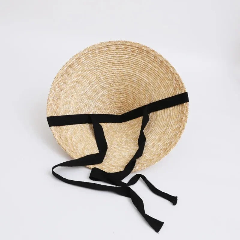 Womens Retro Pastoral Straw Hat French Top Natural Wheat Straw Sun Hats Seaside Vacation Lace-up Big Brim Beach Hat
