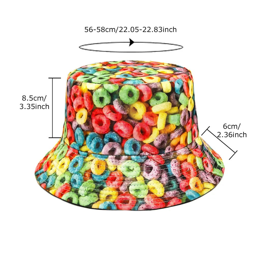 Donut Pattern Bucket Hat Cartoon Graffiti Printing Fisherman Hats Double Sides Panama Cap Men Women Sun Sunscreen Outdoor