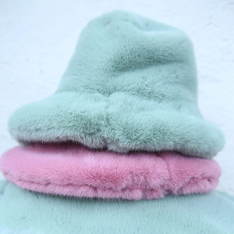 Oversized Plush Fluffy Bucket Hat Women Female Fashion Faux Fur Autumn Winter Hat Large Warm Clouds Fisherman Cap luxury hat