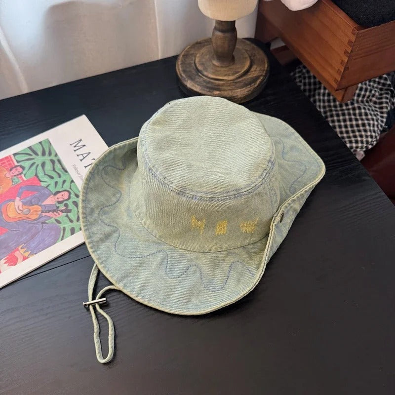 Cowboy Hiking Bucket Hat with String Men Denim Beach Sun Hat for Women Outdoor Couple Bob Panama Summer Fisherman Hat