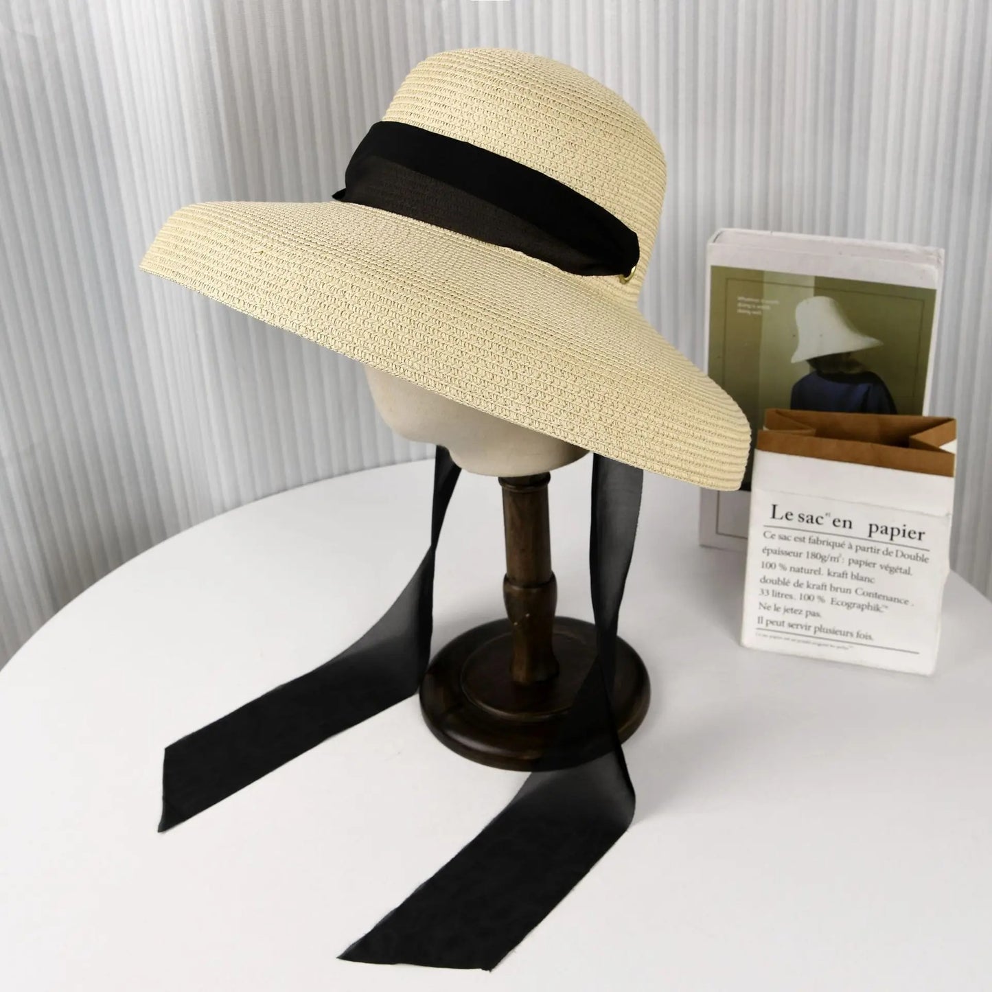 Summer Pape Straw Hat with Windproof Rope Hepburn Style Big Eaves Female Outdoor Travel Beach Vacation Seaside Sun Hat Female