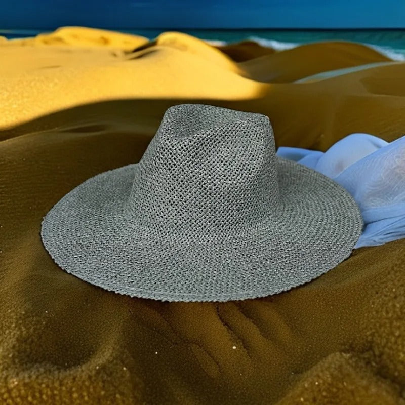 New Classical Gray Women Wide Brim Straw Panama Hat Ladies Fedora Hat Summer Beach Sun Hat