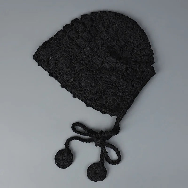 New Handmade Fashion Crochet Lace Knit Hat Spring Summer Ball Fringe Ear Strap Hat Red Ladies Crochet Hat Floral Skull Cap