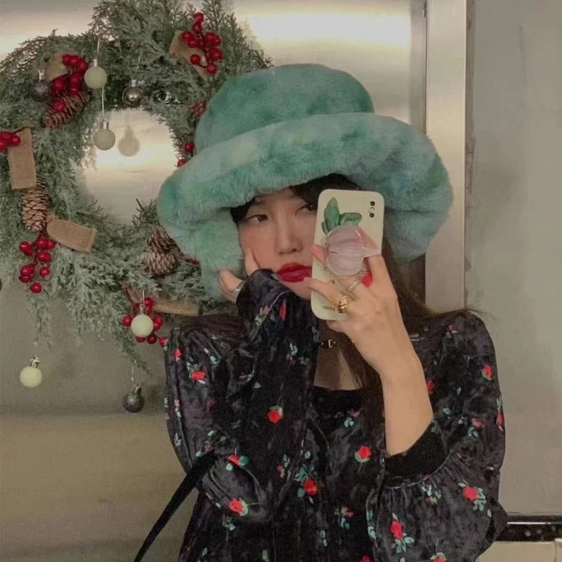 Oversized Plush Fluffy Bucket Hat Women Female Fashion Faux Fur Autumn Winter Hat Large Warm Clouds Fisherman Cap luxury hat