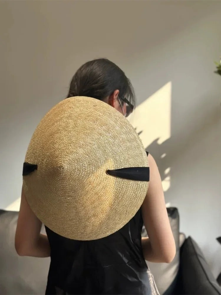 Womens Retro Pastoral Straw Hat French Top Natural Wheat Straw Sun Hats Seaside Vacation Lace-up Big Brim Beach Hat