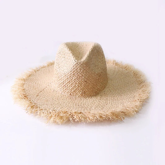 100% Handmade Natural Raffia Hats Women Flat Top Wide Brim Straw Hat Beach Hat Lady  Holiday Panama Sun Protection Sun Hat