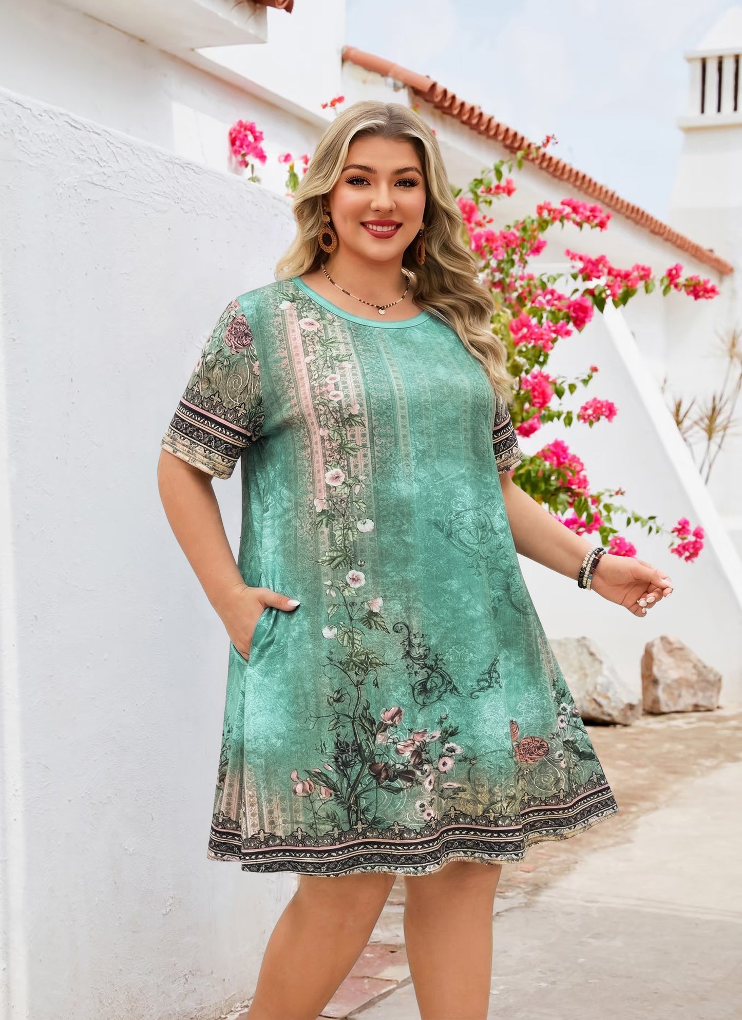 Women's Casual T-Shirt Dress Plus Size Summer Short Sleeve Crewneck Swing Dresses Beach Vacation Sage Green Dress Floral