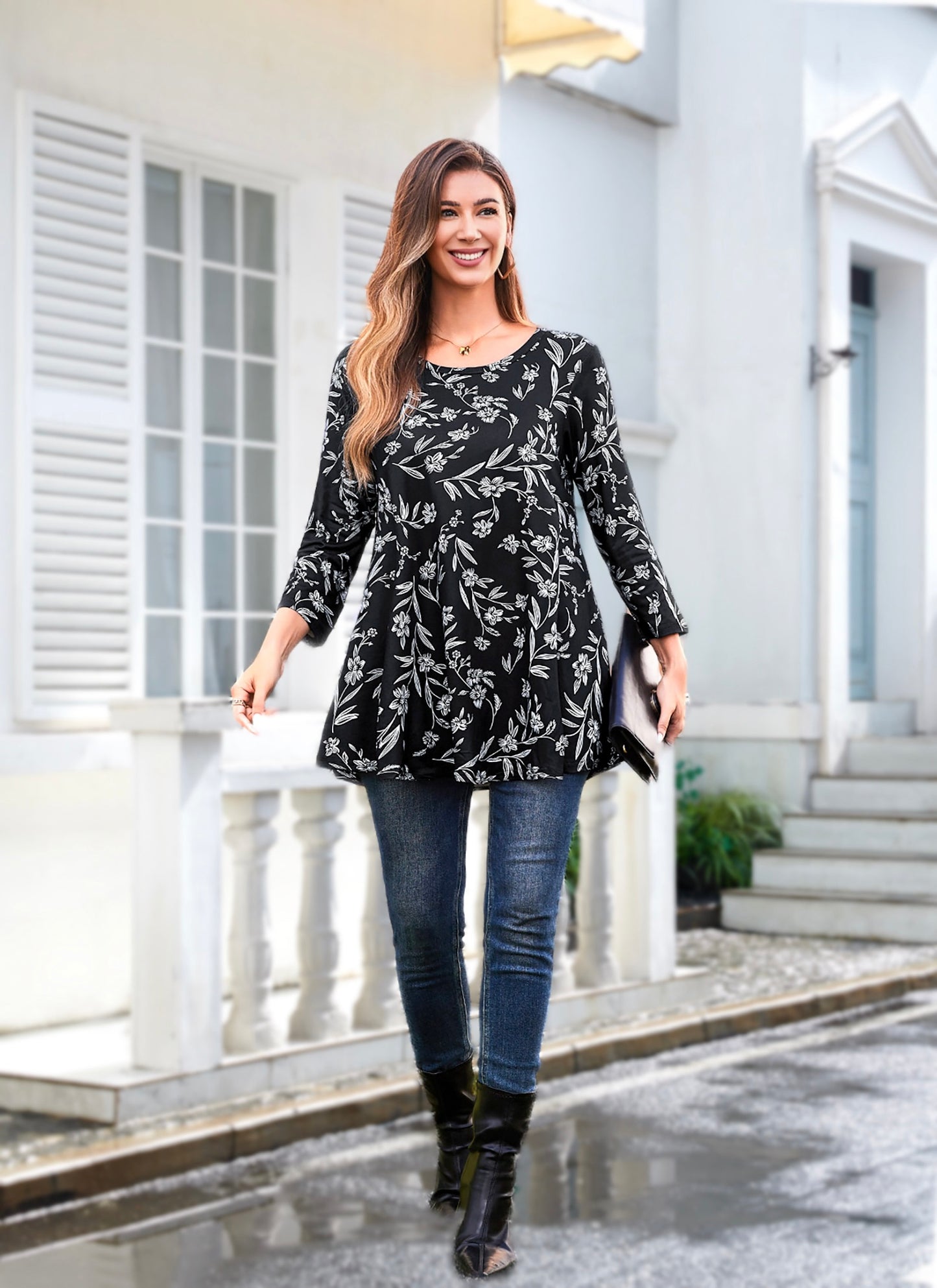 Womens Tunic Tops 3/4 Sleeve Plus Size Crew Neck Swing Flare Loose Fit T-Shirt Blouses to Wear with Leggings Tunics Black Floral White