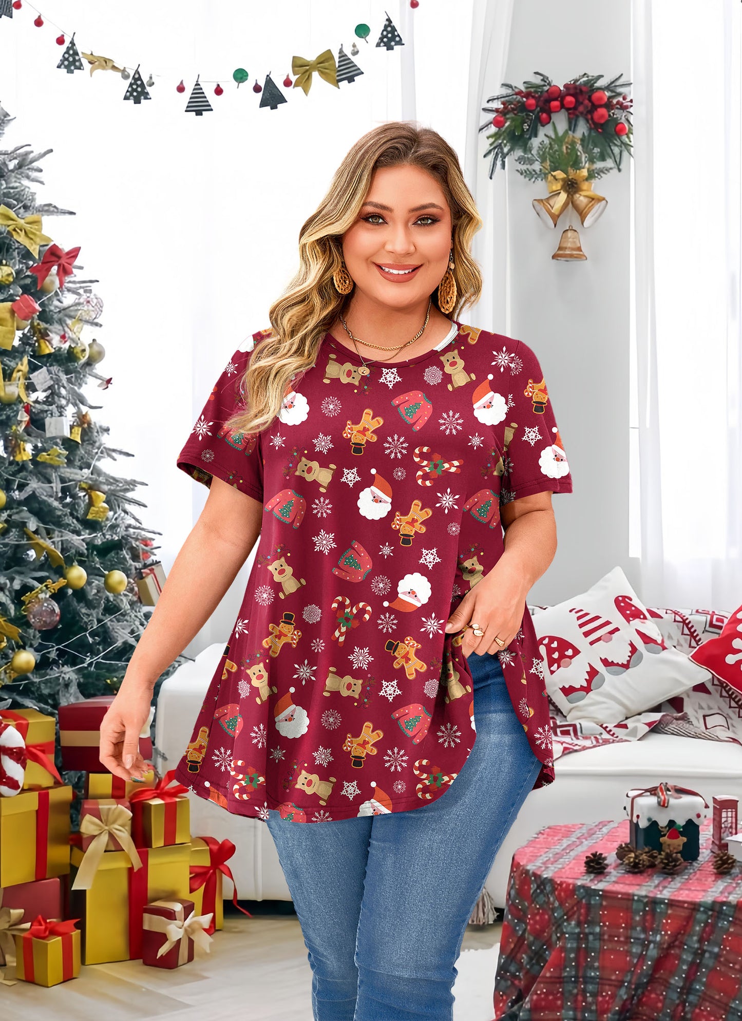Tunic Tops for Women Plus Size Short Sleeve Crew Neck Swing Flare Loose T-Shirt Blouses to Wear with Leggings B19 SATXRC