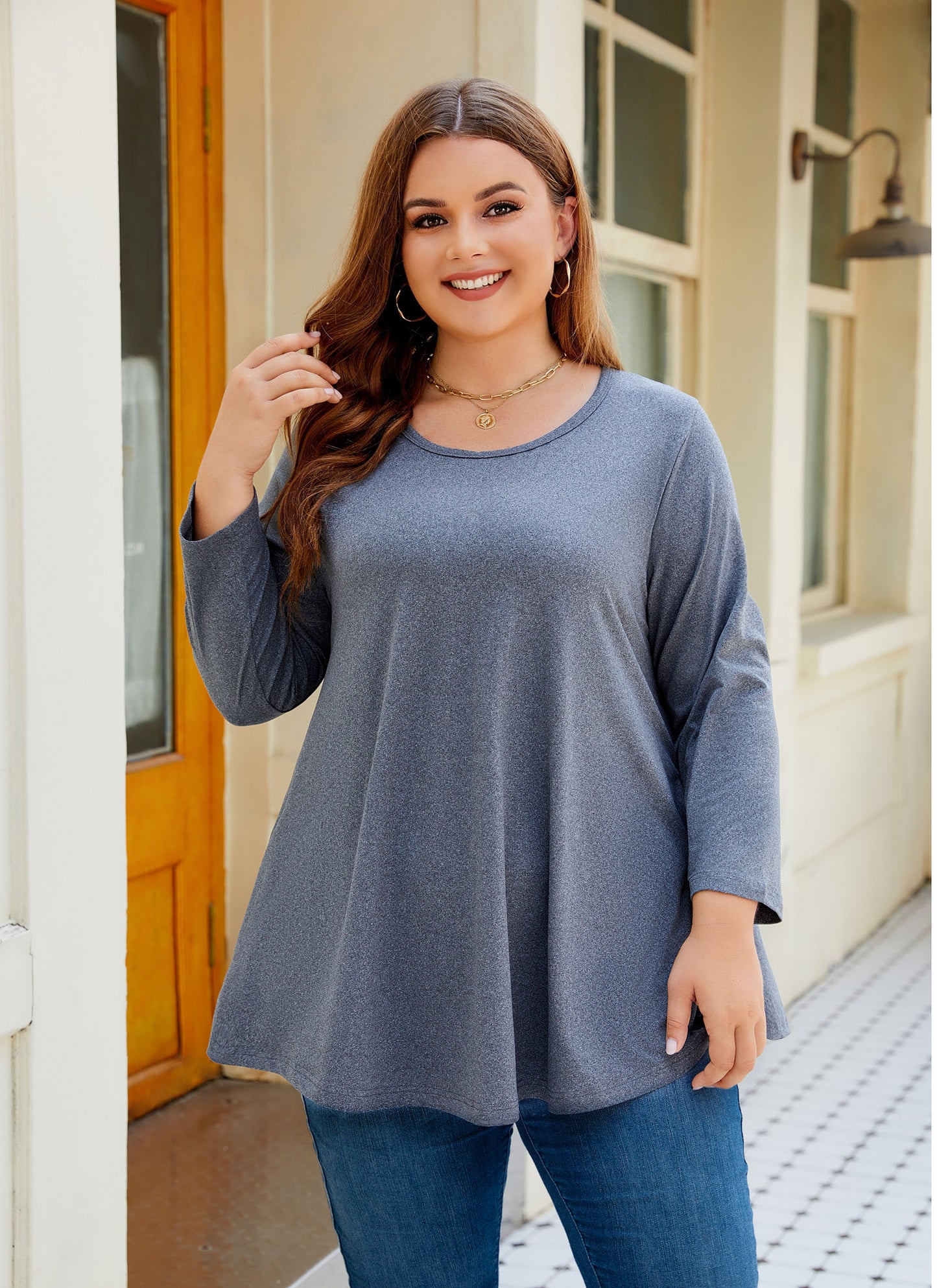 Womens Tops - Plus Size Tunics 3/4 Sleeve Loose Fit Dressy Casual Long Swing Flowy Lady Blouses Shirts Wear with Leggings Teals Blue Clothing A28 SATDG