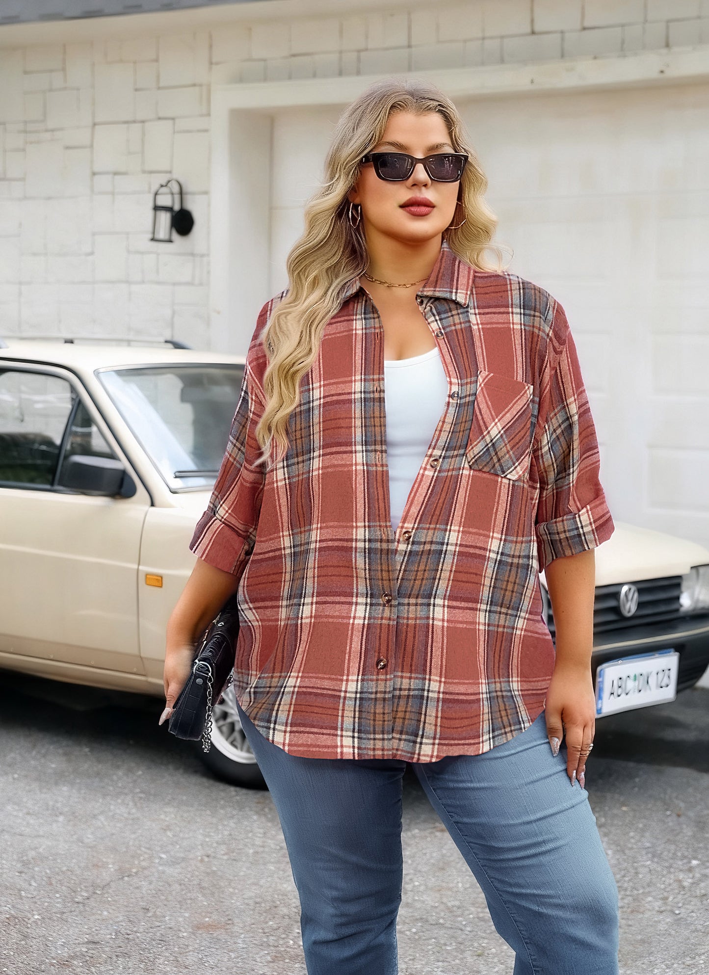 Womens Plus Size Flannel Shirts Long Sleeve Button Down Plaid Shirt Roll Up Oversize Checkered Blouse Top Fall G-04 Orange Plaid Flannel Shirt