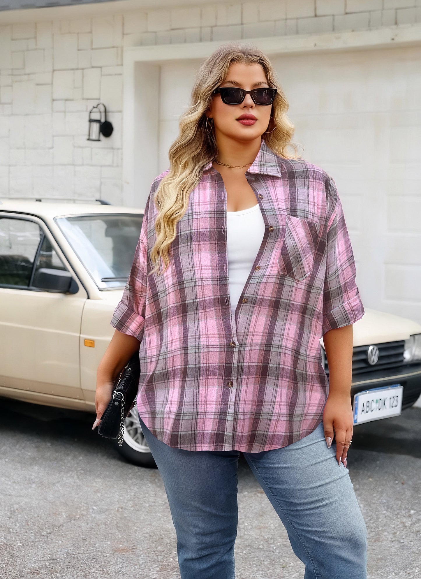 Womens Plus Size Flannel Shirts Long Sleeve Button Down Plaid Shirt Roll Up Oversize Checkered Blouse Top Fall A-04 Light Pink Flannel Plaid Shirt