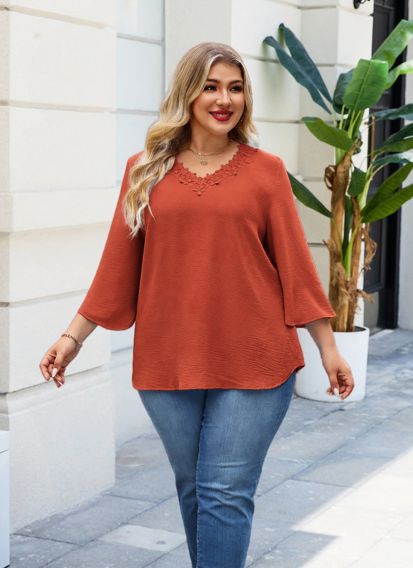 Womens Plus Size Blouses Dressy Casual 3/4 Sleeve Elegant V Neck Floral Trim Ladies Tunics Tops Burnt Orange