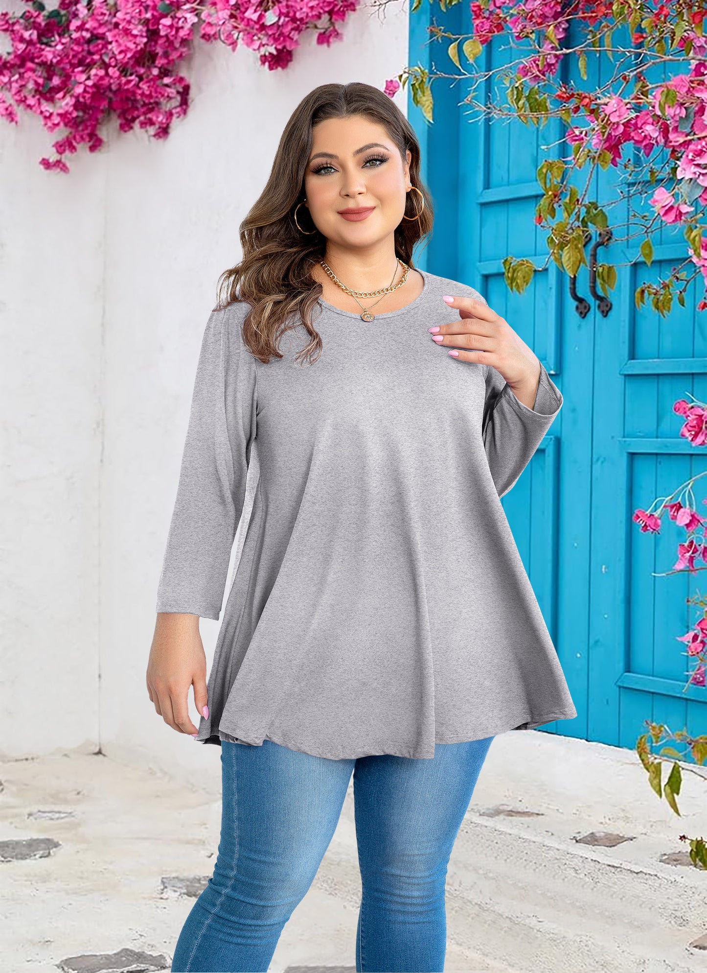 Womens Tunic Tops 3/4 Sleeve Plus Size Crew Neck Swing Flare Loose Fit T-Shirt Blouses to Wear with Leggings Grey Tunic Tops