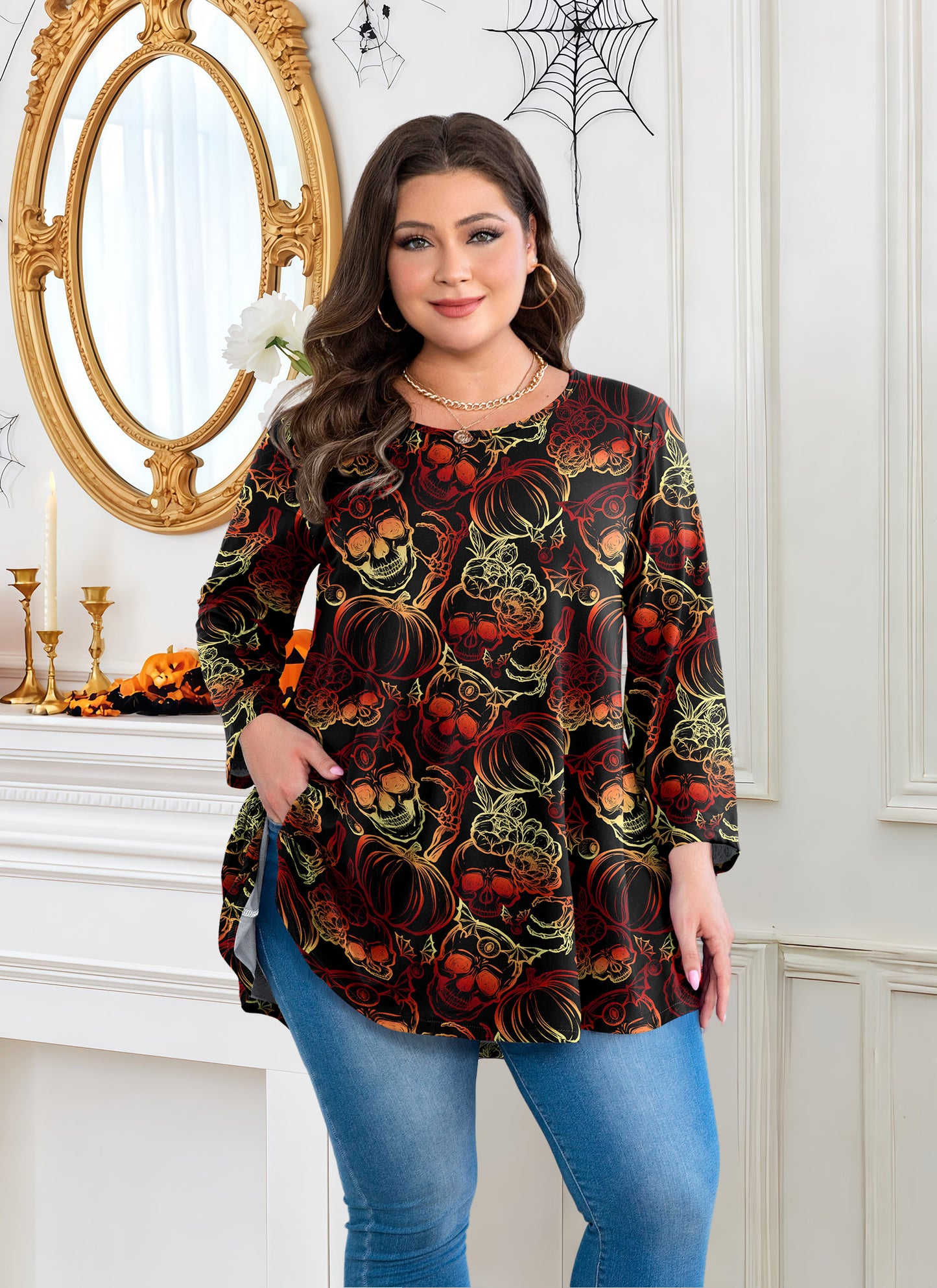 Womens Tunic 3/4 Sleeve Plus Size Tops Crew Neck Swing Flowy Loose Fit T-Shirt Blouses to Wear with Leggings Plus Size Tops Halloween
