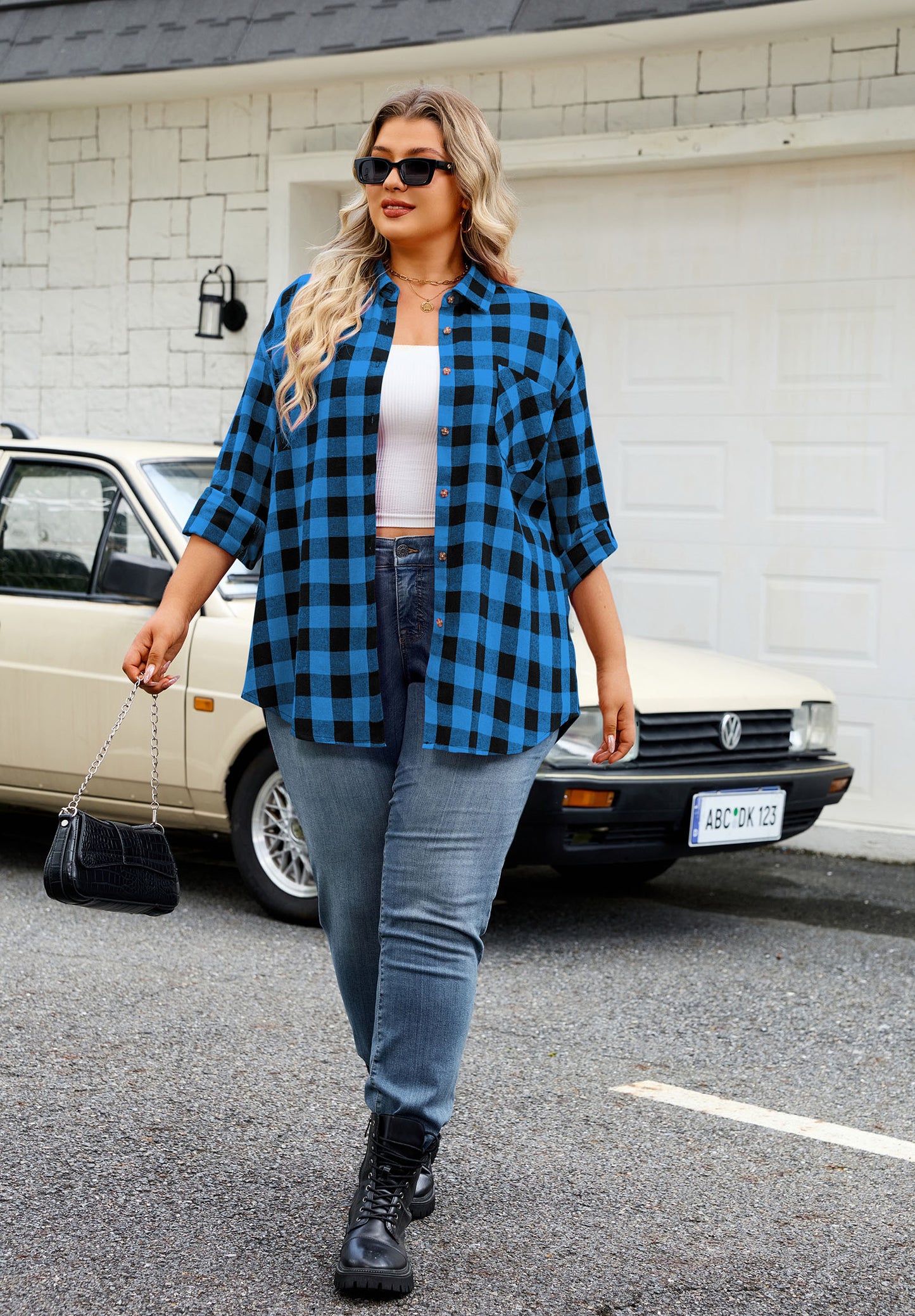 Womens Plus Size Flannel Shirts Long Sleeve Button Down Plaid Shirt Roll Up Oversize Checkered Blouse Top Fall D-01 Royal Blue Flannel Plaid Shirt