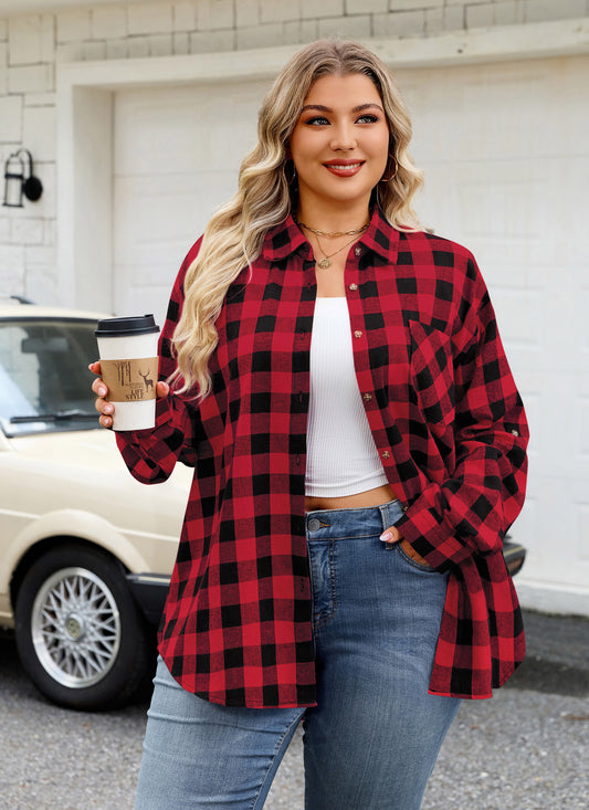 Womens Plus Size Flannel Shirts Long Sleeve Button Down Plaid Shirt Roll Up Oversize Checkered Blouse Top Fall I