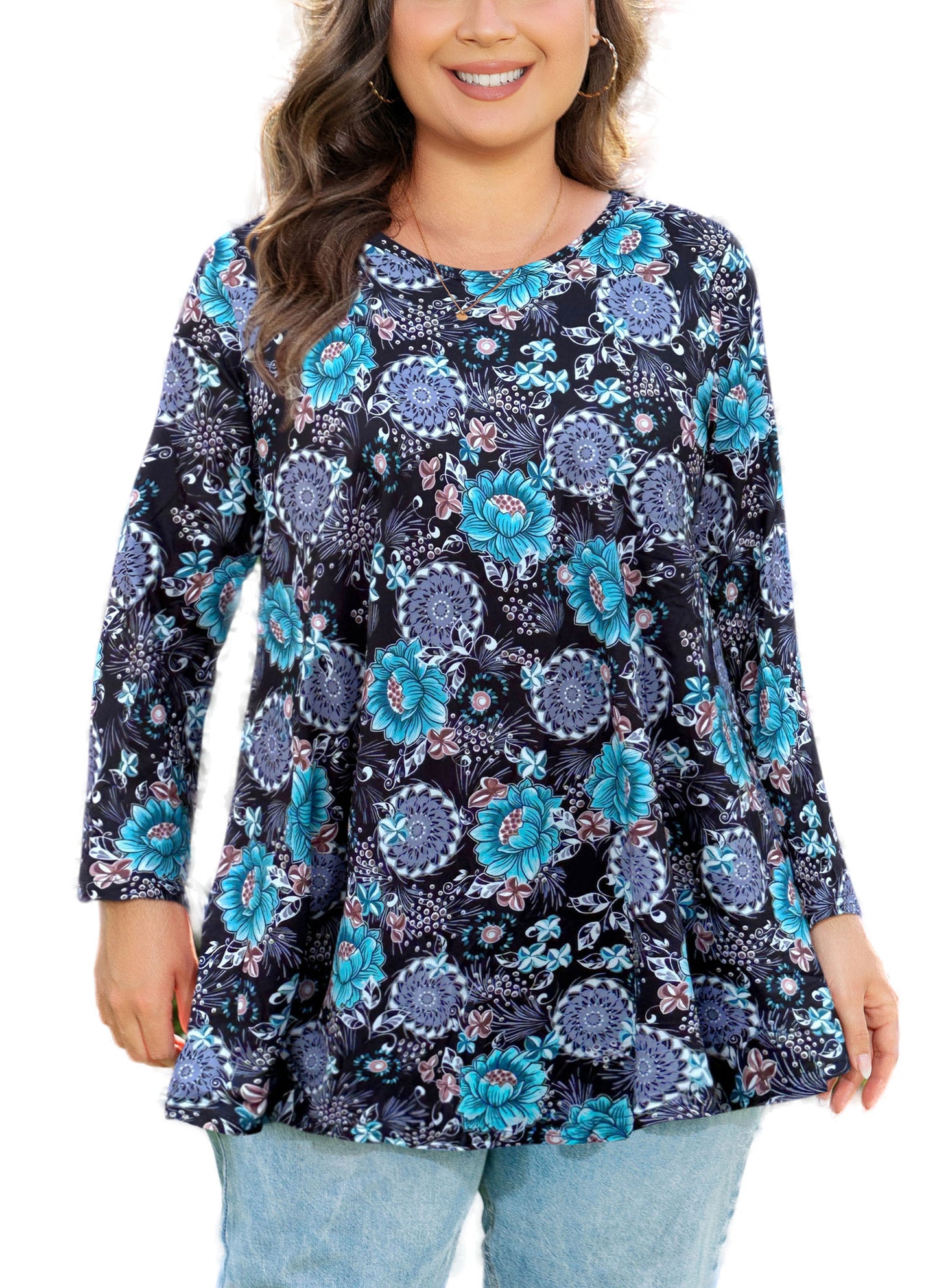 Womens Tunic Tops 3/4 Sleeve Plus Size Crew Neck Swing Flare Loose Fit T-Shirt Blouses to Wear with Leggings Tunic Black White Aqua Floral