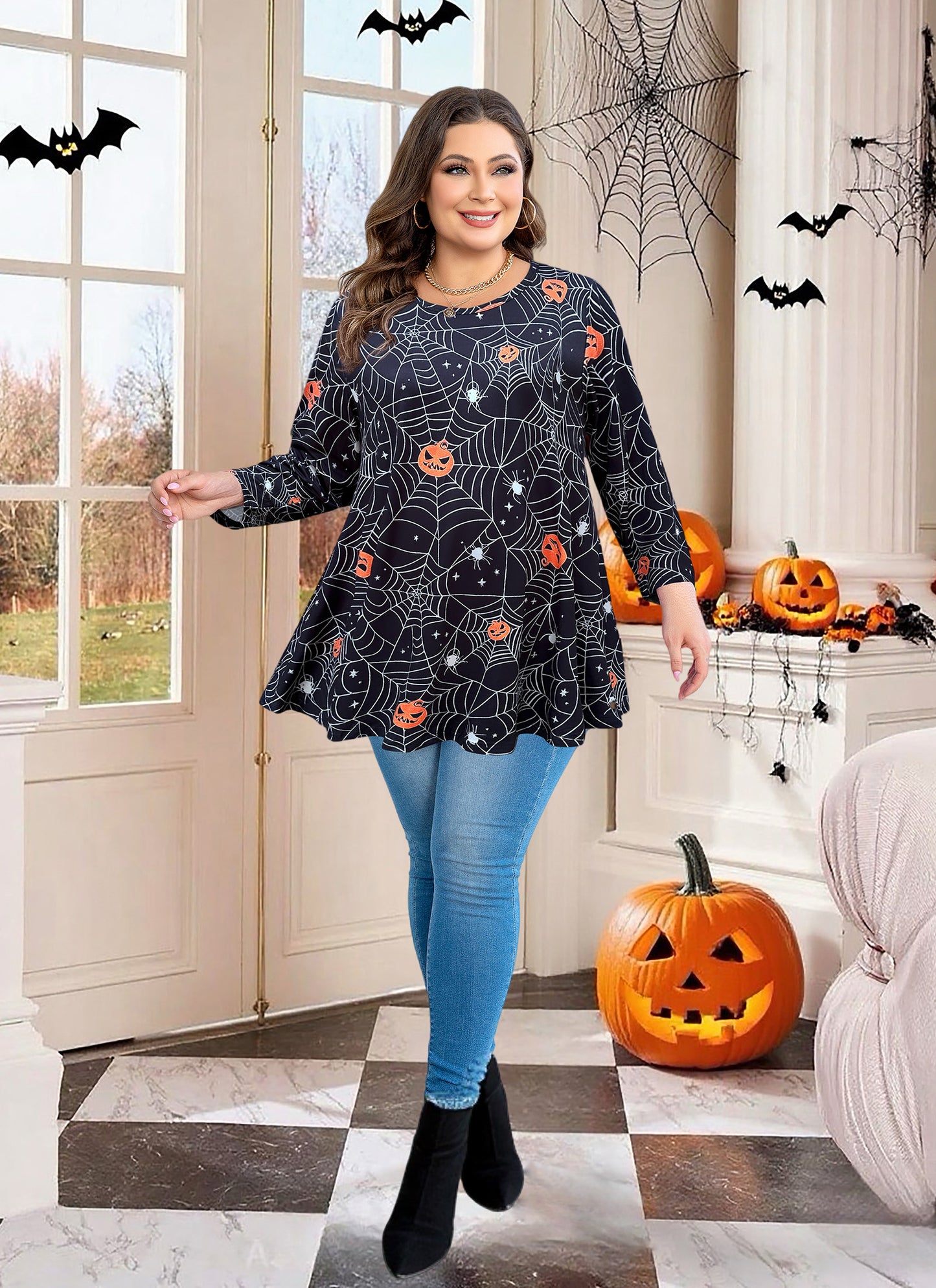 Womens Tunic 3/4 Sleeve Plus Size Tops Crew Neck Swing Flowy Loose Fit T-Shirt Blouses to Wear with Leggings Tunic Tops Halloween Pattan