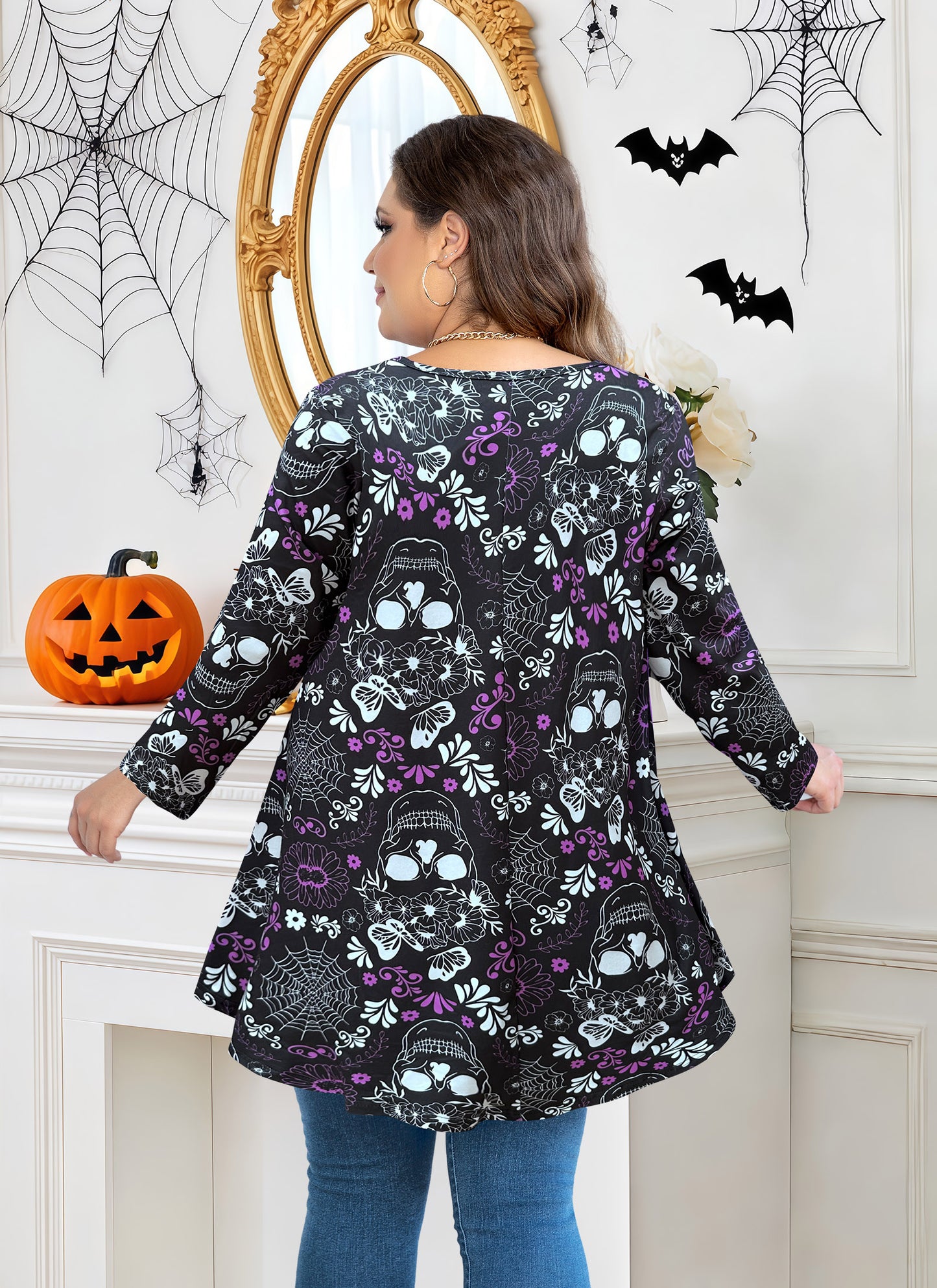 Womens Tunic Tops 3/4 Sleeve Plus Size Crew Neck Swing Flare Loose Fit T-Shirt Blouses to Wear with Leggings Tunic Halloween Pattan