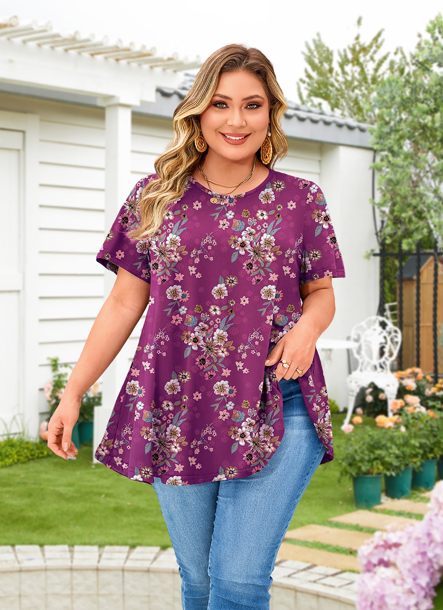 Tunic Tops for Women Plus Size Short Sleeve Crew Neck Swing Flare Loose T-Shirt Blouses to Wear with Leggings Magenta Tunic Floral