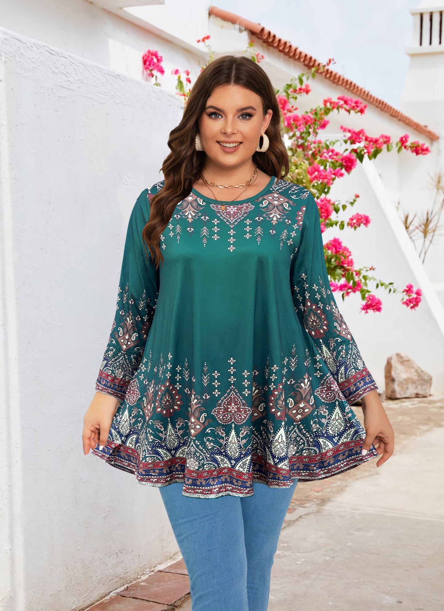 Womens Tunic 3/4 Sleeve Plus Size Tops Crew Neck Swing Flowy Loose Fit T-Shirt Blouses to Wear with Leggings Teals Blue Floral Tunics
