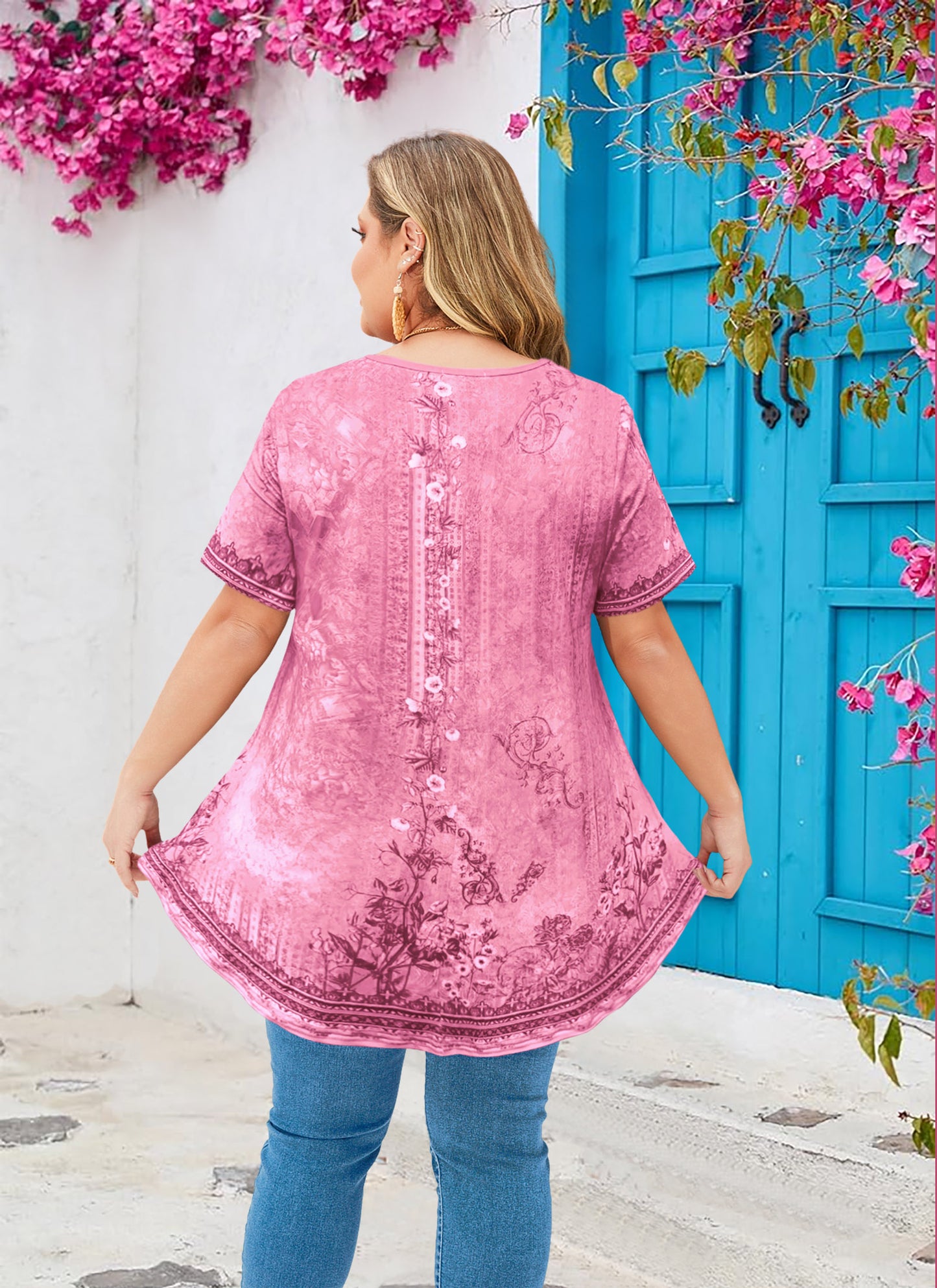 Womens Plus Size Tops Short Sleeve Swing Flare Flowy Tunic Loose Fit Summer Casual Blouses to Wear with Leggings Pink Floral Plus Size Tops