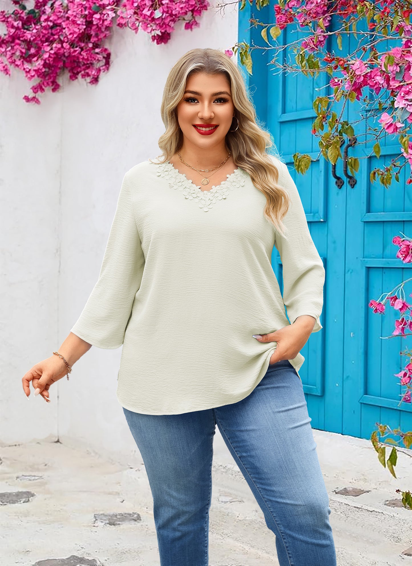 Womens Plus Size Blouses Dressy Casual 3/4 Sleeve Elegant V Neck Floral Trim Ladies Tunics Tops Begie