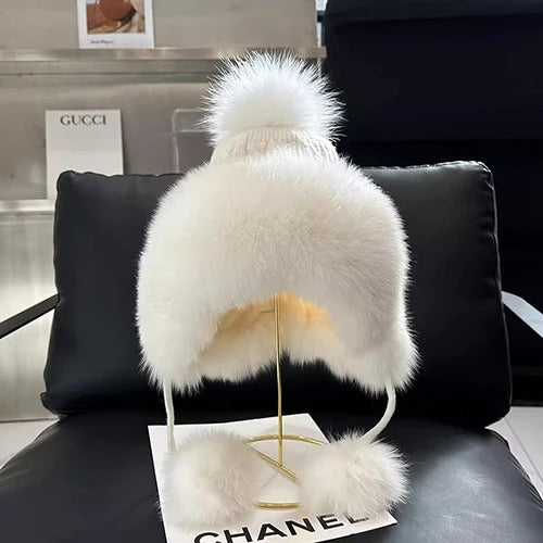 Outdoor Earflap hat Wool Knitted Snow Ski Cap Fleece Bomber Trapper Hat Women Fox Fur Pompom Winter