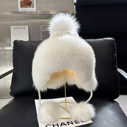 Outdoor Earflap hat Wool Knitted Snow Ski Cap Fleece Bomber Trapper Hat Women Fox Fur Pompom Winter