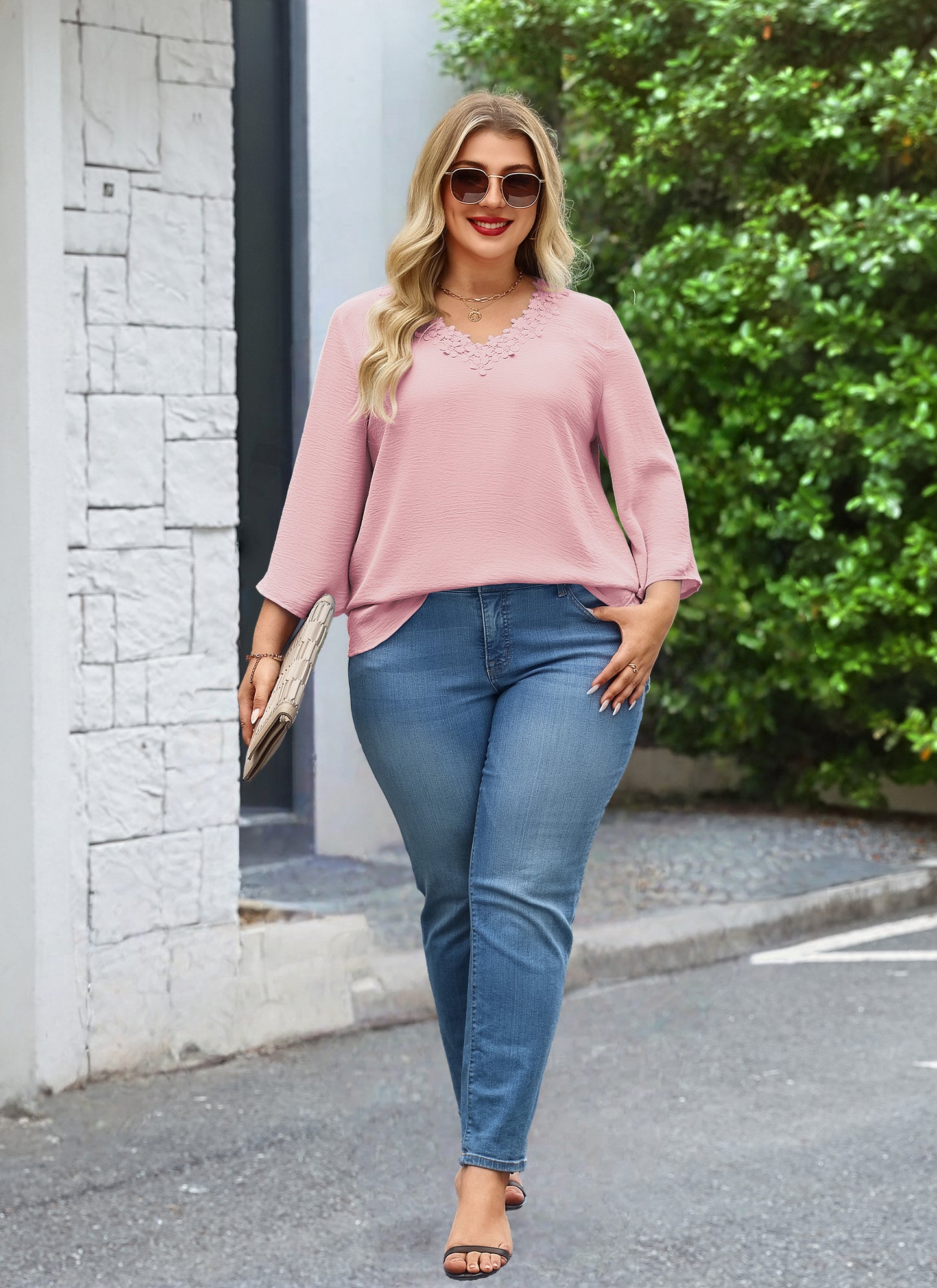 Womens Plus Size Blouses Dressy Casual 3/4 Sleeve Elegant V Neck Floral Trim Ladies Tunics Tops  Pink