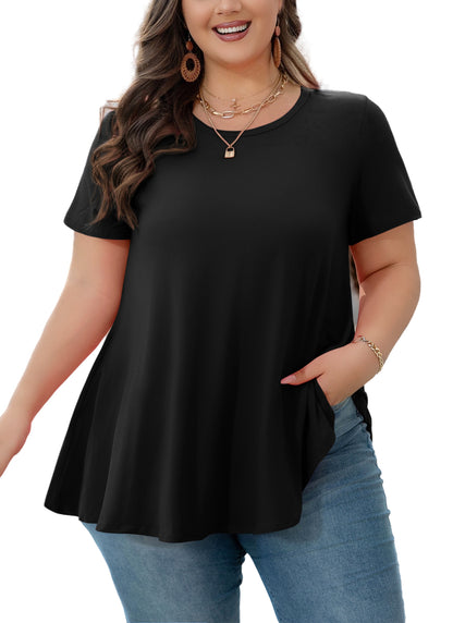 Woman wearing a black t-shirt and blue jeans on a white background