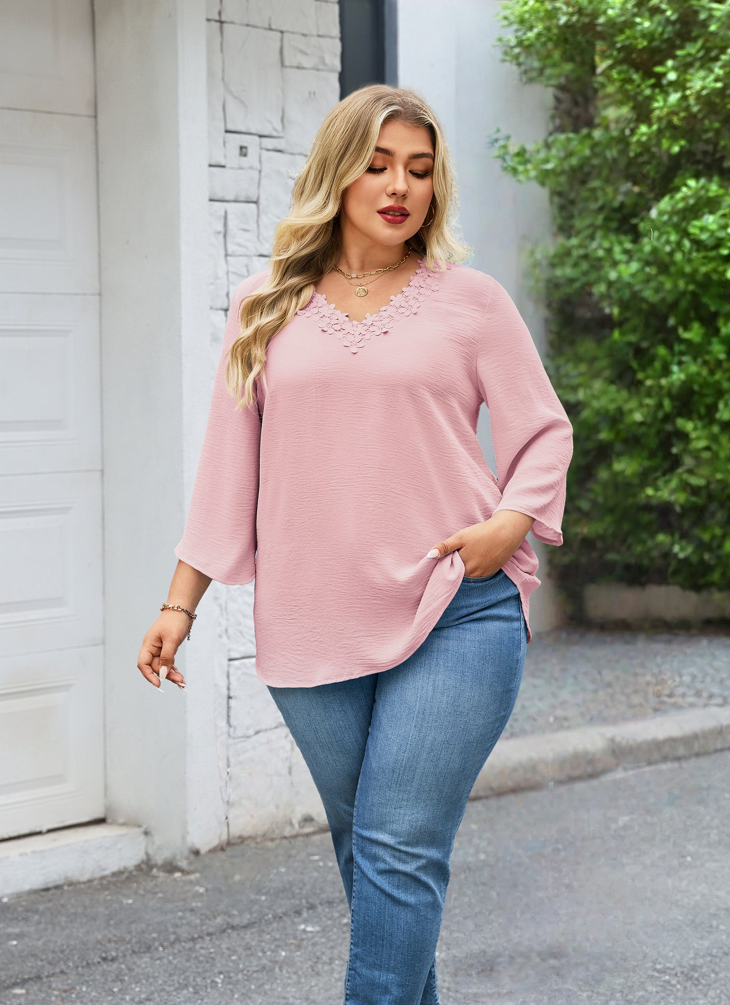 Womens Plus Size Blouses Dressy Casual 3/4 Sleeve Elegant V Neck Floral Trim Ladies Tunics Tops  Pink
