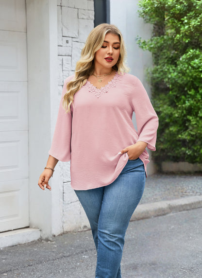 Womens Plus Size Blouses Dressy Casual 3/4 Sleeve Elegant V Neck Floral Trim Ladies Tunics Tops  Pink
