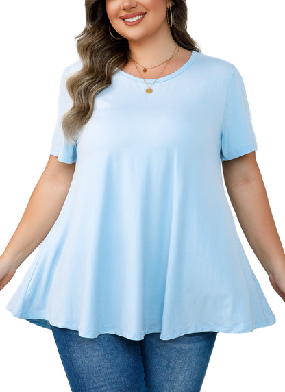 Tunic Tops for Women Plus Size Short Sleeve Crew Neck Swing Flare Loose T-Shirt Blouses to Wear with Leggings Light Blue Tunics