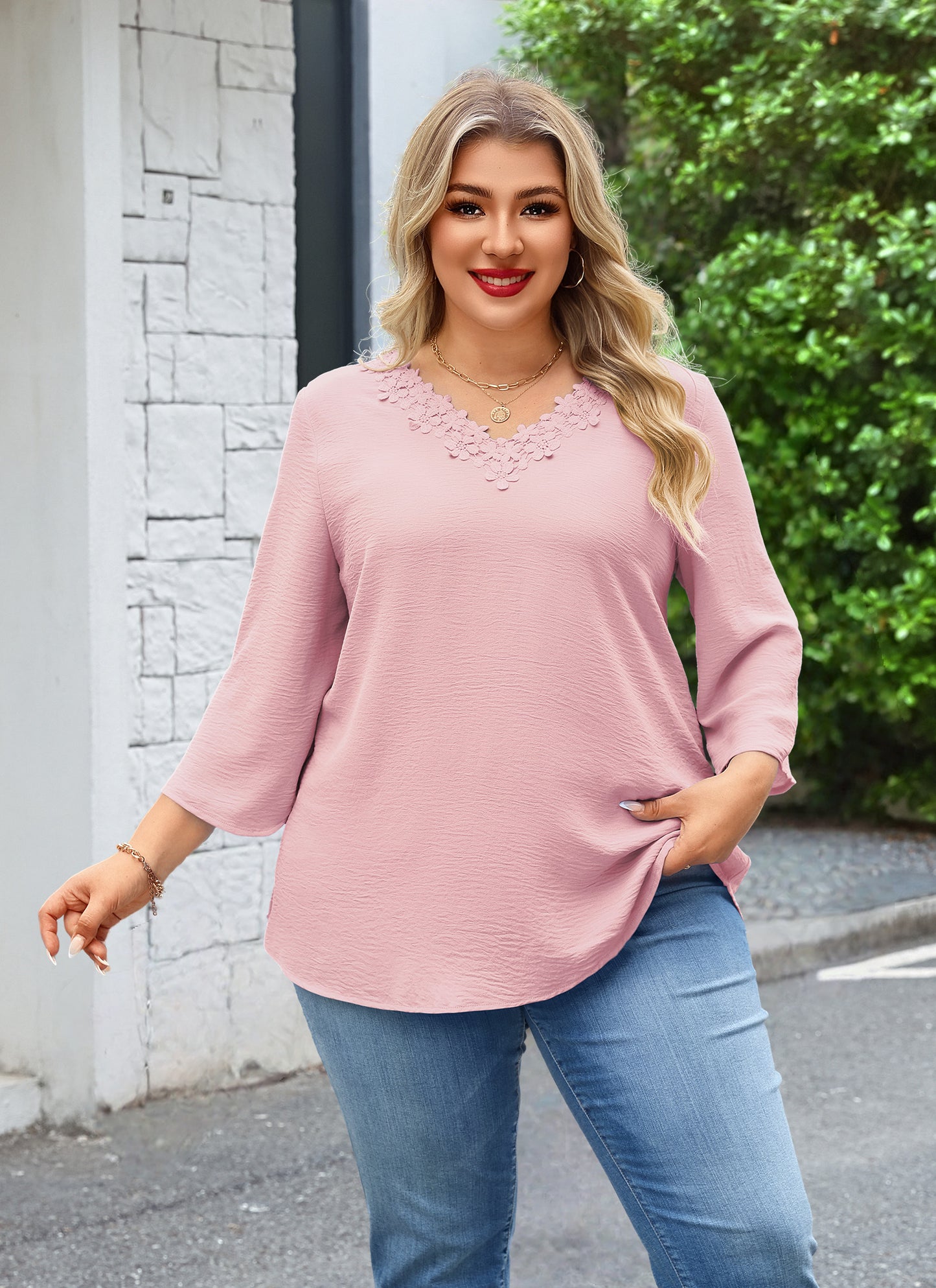 Womens Plus Size Blouses Dressy Casual 3/4 Sleeve Elegant V Neck Floral Trim Ladies Tunics Tops  Pink