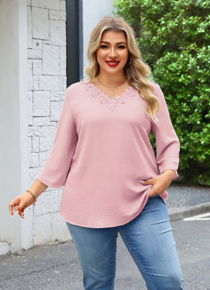 Womens Plus Size Blouses Dressy Casual 3/4 Sleeve Elegant V Neck Floral Trim Ladies Tunics Tops  Pink