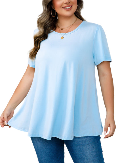 Tunic Tops for Women Plus Size Short Sleeve Crew Neck Swing Flare Loose T-Shirt Blouses to Wear with Leggings Light Blue Tunics