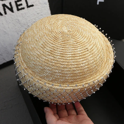 2025 Rhinestone Shiny  Straw Beret Women's Natural Bucket Sun Hat Circle Concave Top Straw Hat Church Derby Party Beach Hat