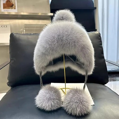 Outdoor Earflap hat Wool Knitted Snow Ski Cap Fleece Bomber Trapper Hat Women Fox Fur Pompom Winter