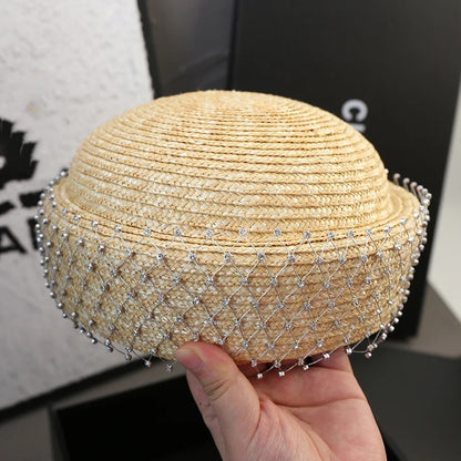 2025 Rhinestone Shiny  Straw Beret Women's Natural Bucket Sun Hat Circle Concave Top Straw Hat Church Derby Party Beach Hat