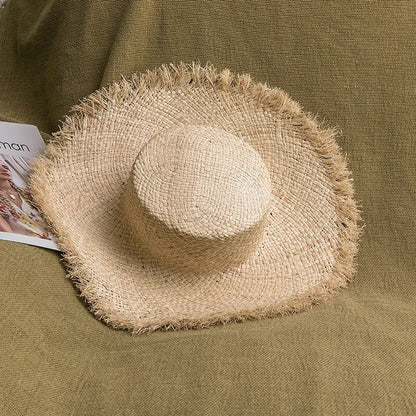 100% Handmade Natural Raffia Hats Women Flat Top Wide Brim Straw Hat Beach Hat Lady  Holiday Panama Sun Protection Sun Hat