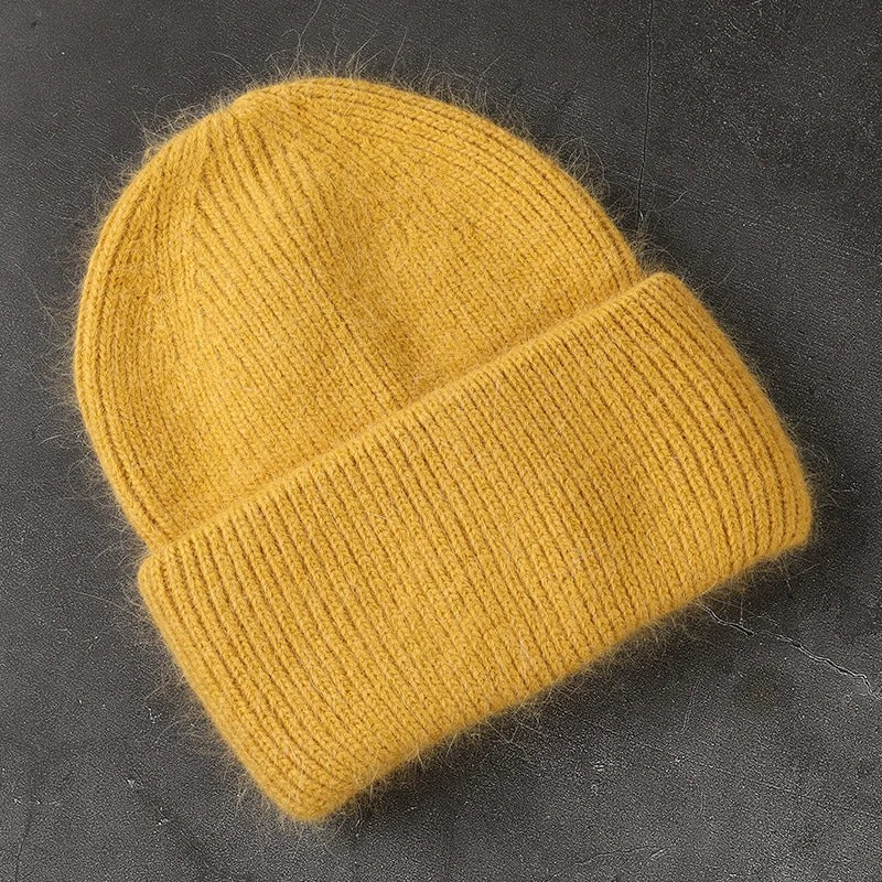 Warm  Angola Rabbit Fur Winter Knitted Beanies Women Cap Female  Ski Outdoor Warm Cashmere Wool Hats