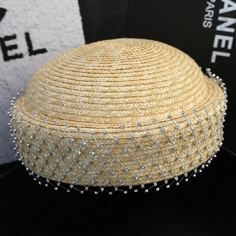 2025 Rhinestone Shiny  Straw Beret Women's Natural Bucket Sun Hat Circle Concave Top Straw Hat Church Derby Party Beach Hat