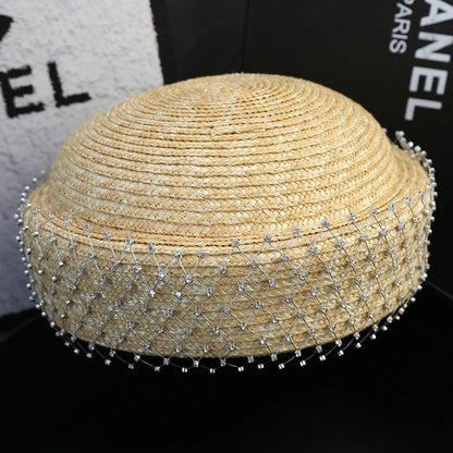 2025 Rhinestone Shiny  Straw Beret Women's Natural Bucket Sun Hat Circle Concave Top Straw Hat Church Derby Party Beach Hat