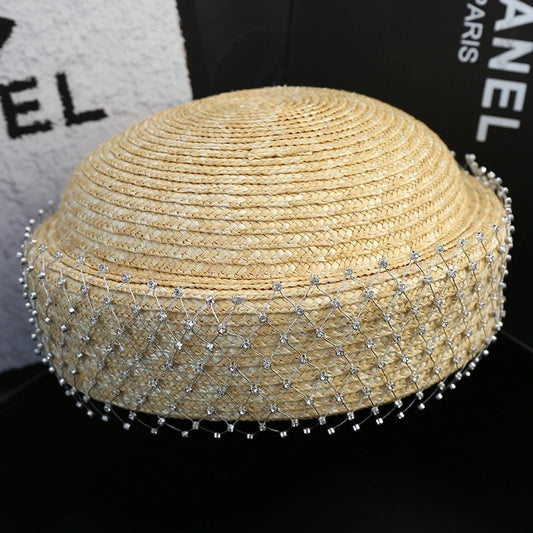 2025 Rhinestone Shiny  Straw Beret Women's Natural Bucket Sun Hat Circle Concave Top Straw Hat Church Derby Party Beach Hat