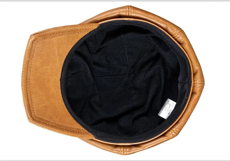 Square Octagonal Retro Genuine Leather Hat Men's Sheepskin Leather Beret Casual Fashion Student Tongue Cap Caps Brown/Black